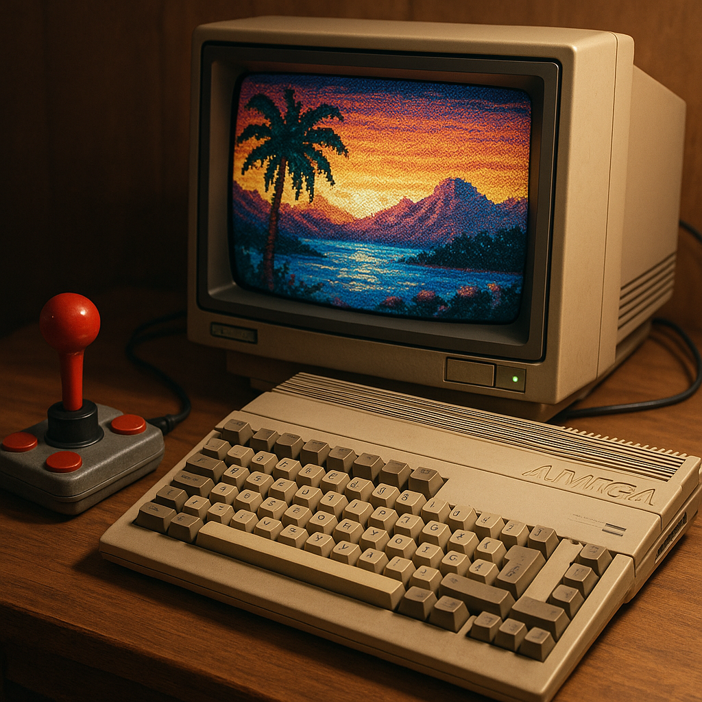 Amiga 500 displaying a pixel art game on a CRT screen