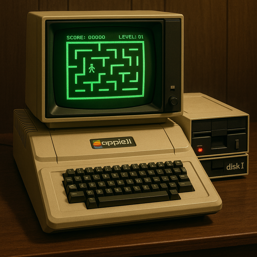 Apple II with Disk II drive displaying a game on green monochrome screen
