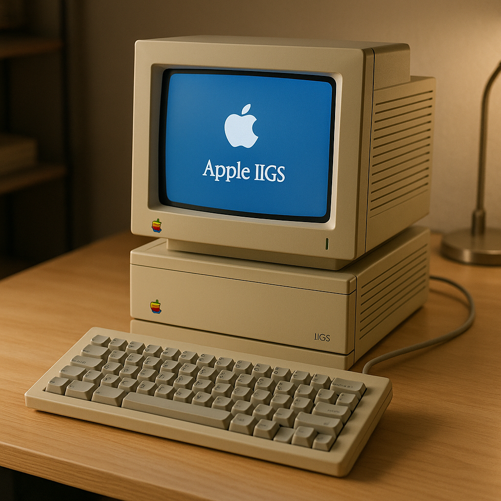 Front view of an Apple IIGS with its detachable keyboard