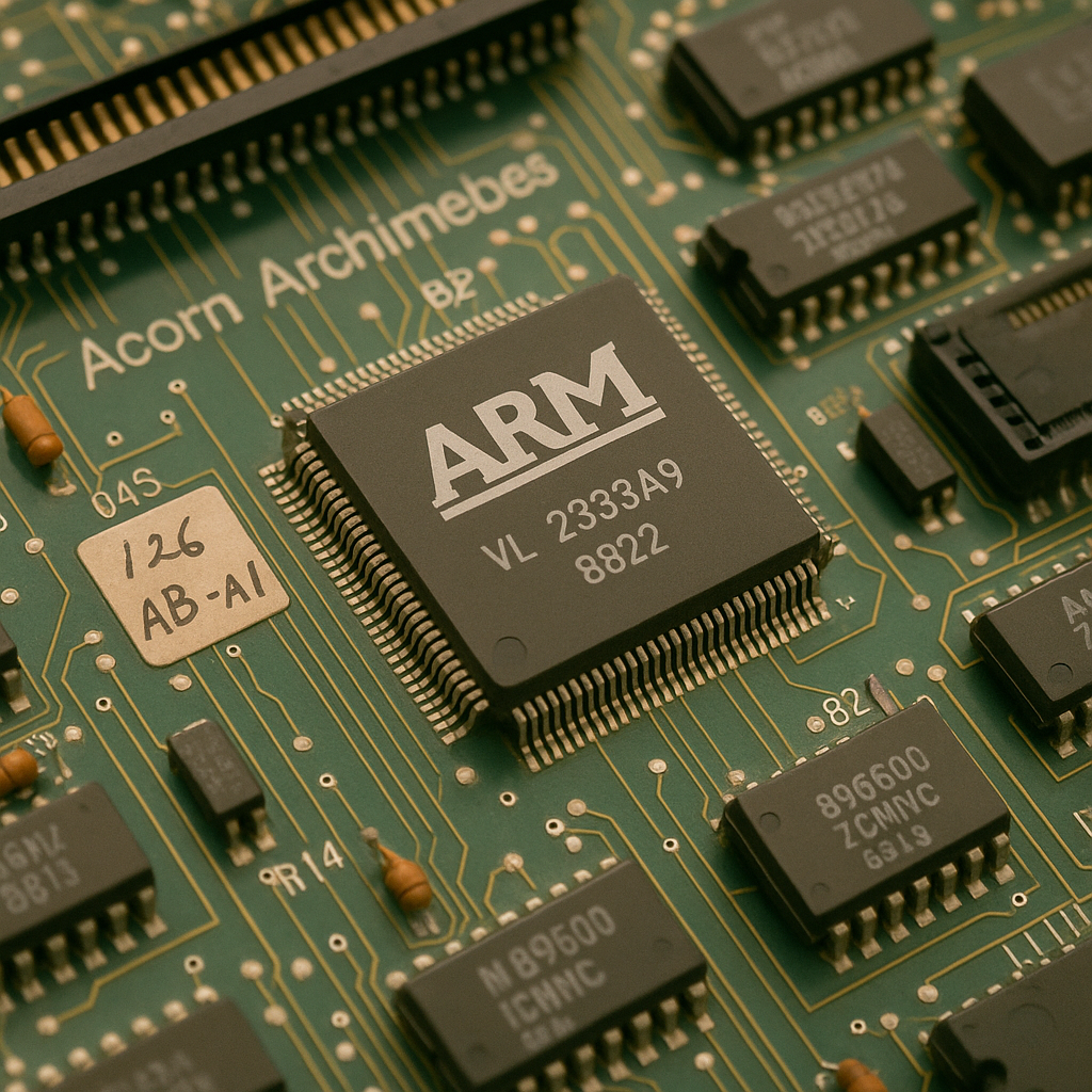 Acorn Archimedes motherboard highlighting the ARM processor