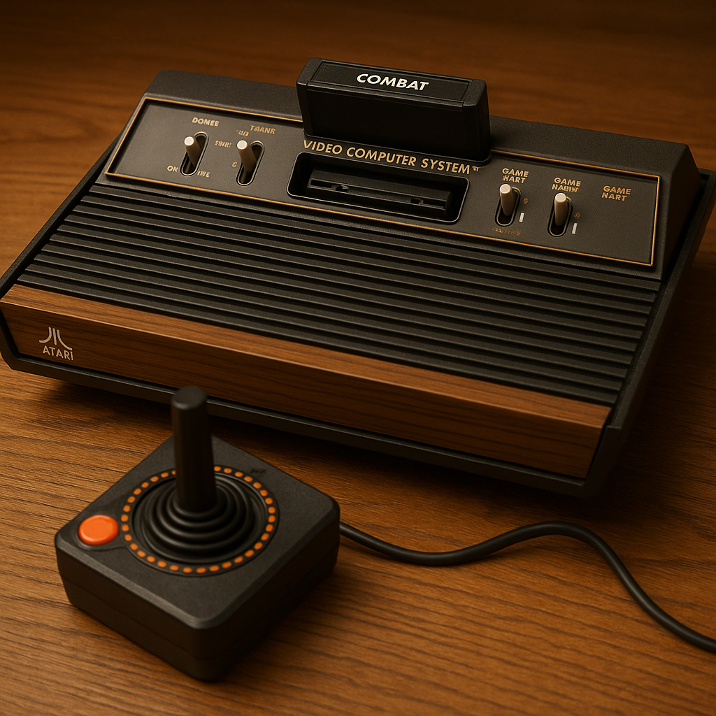 Realistic photo of an Atari 2600 console placed on a wooden table