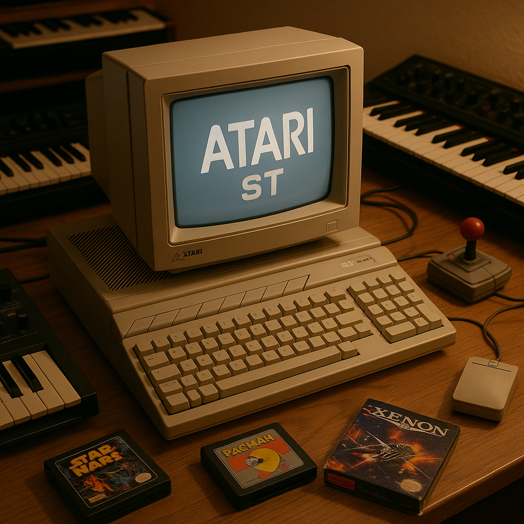 Atari ST 520 setup with MIDI keyboard and retro accessories