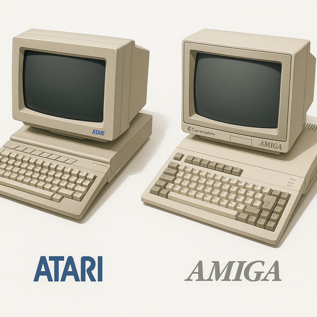 Side-by-side illustration of an Atari ST and a Commodore Amiga
