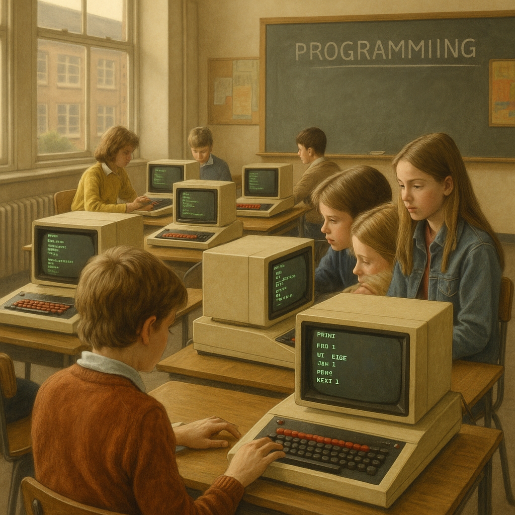&Eacute;l&egrave;ves programmant sur une BBC Micro en classe