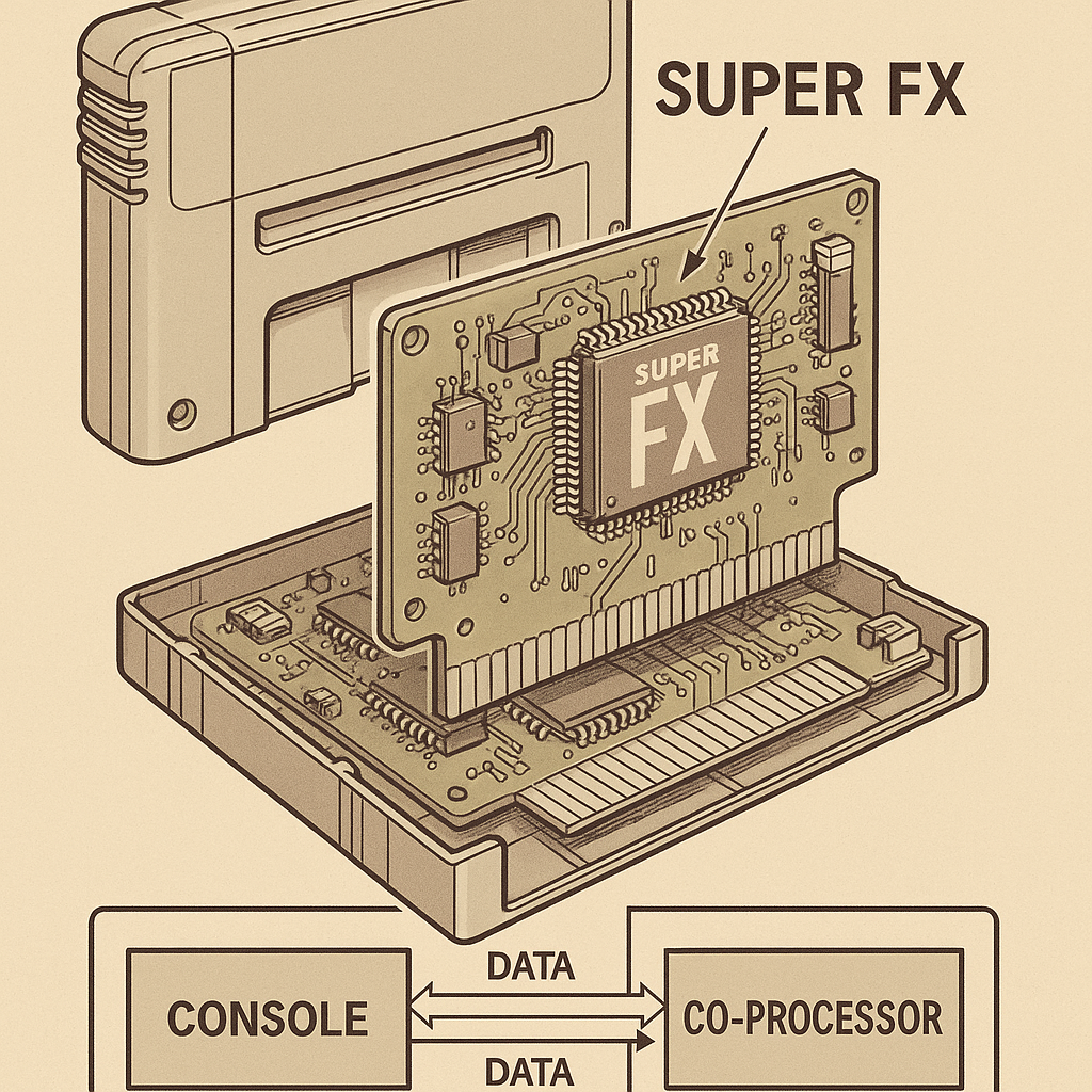 Technical detail of a SNES cartridge with exposed Super FX chip and functional diagram