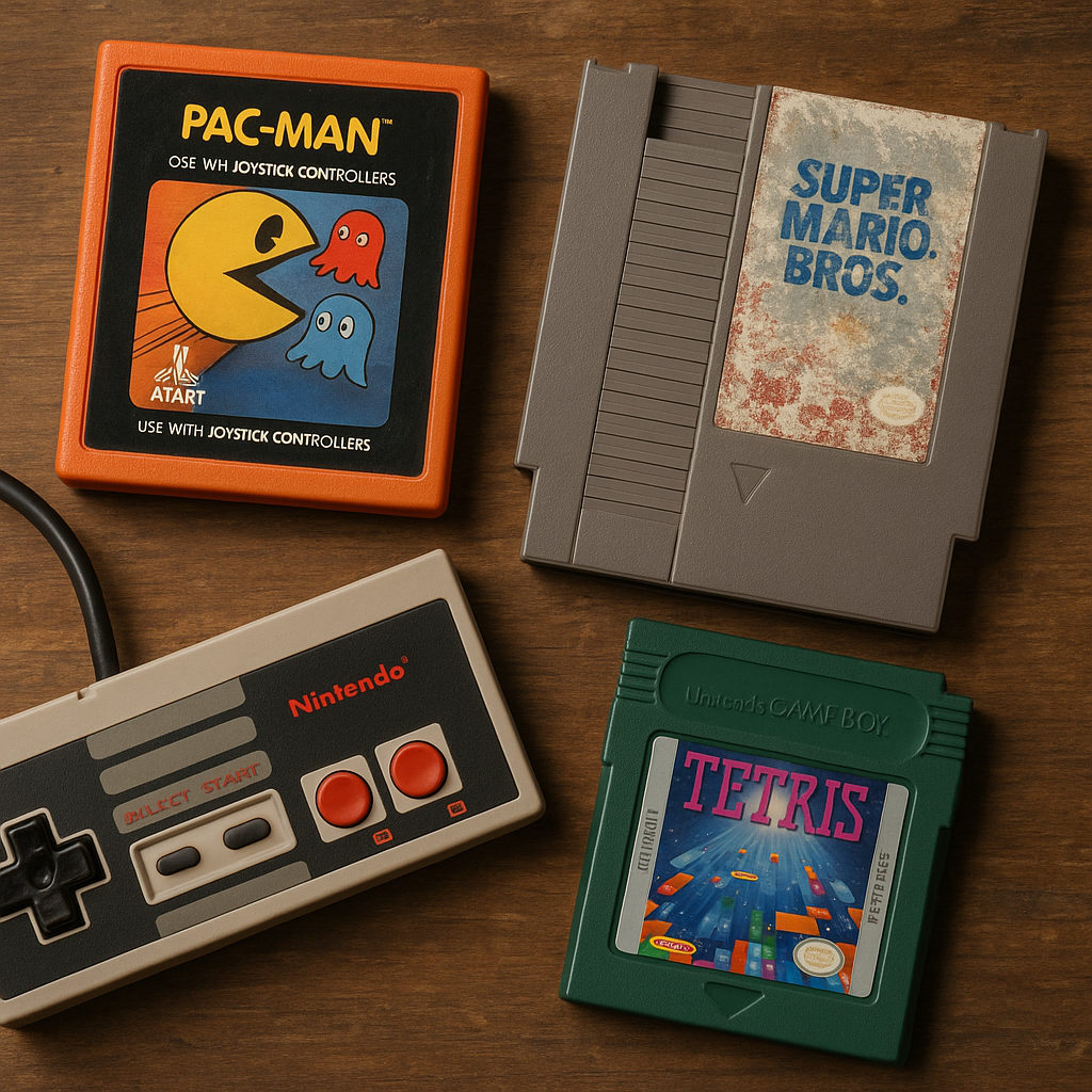 Collection of vintage game cartridges: Atari 2600, NES and Game Boy