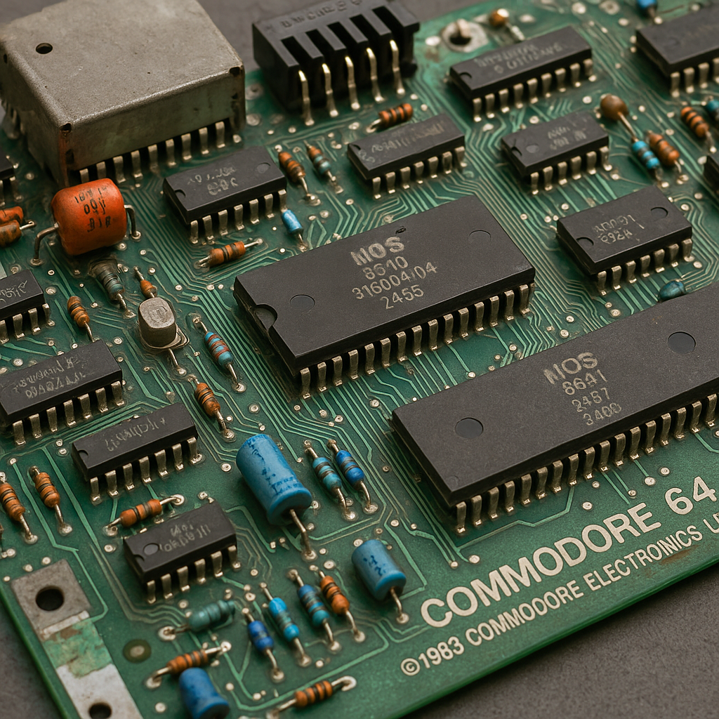 Detailed motherboard of the Commodore 64 showing chips and components