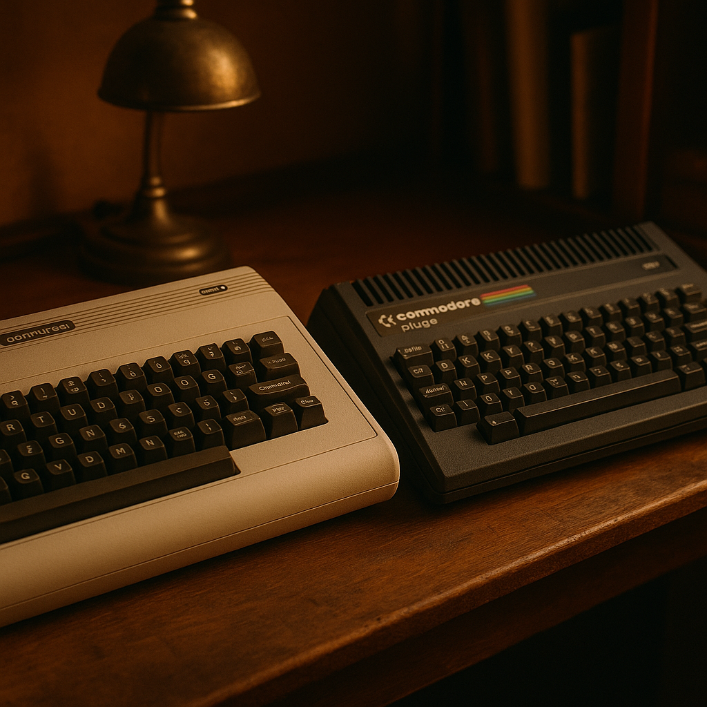 Commodore VIC-20 and Commodore Plus/4 side by side on a retro desk