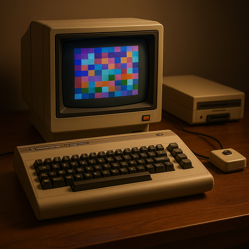 Detailed photo of the Commodore 64 placed on a wooden desk, displaying a pixel art animation on the screen