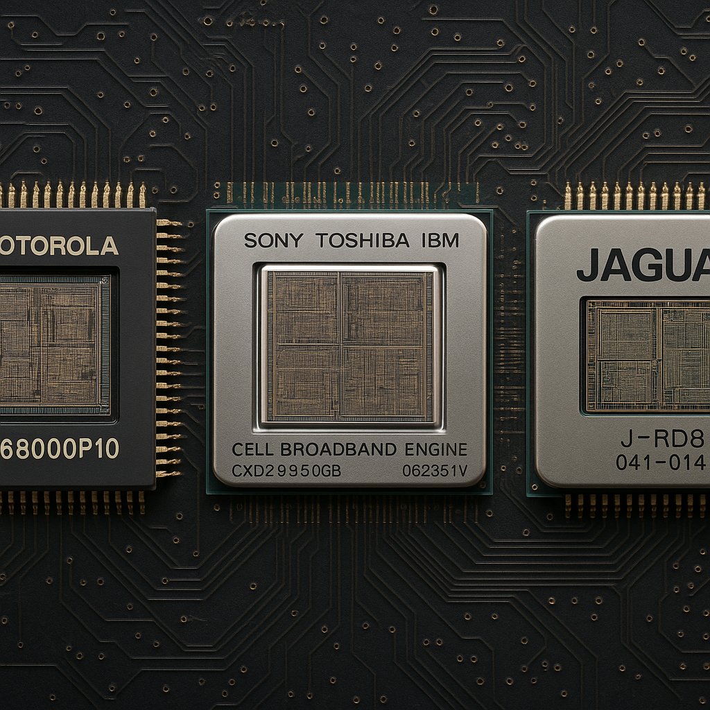 Visual comparison of Motorola 68000, Cell, and Jaguar processor architectures in vintage consoles