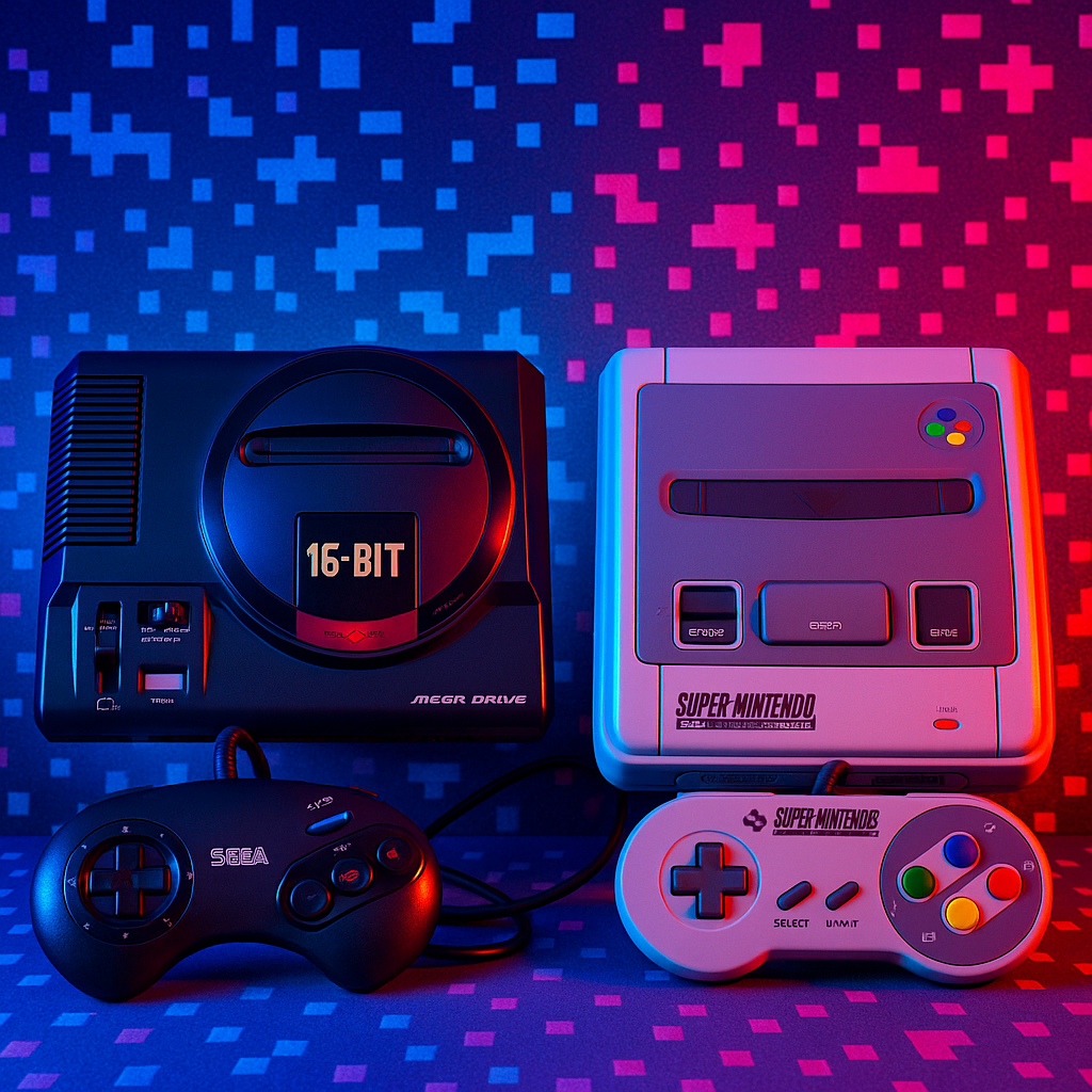 Sega Mega Drive and Super Nintendo side by side with their respective controllers on a 1990s pixel background