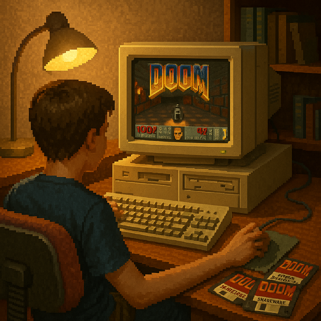 Gamer playing Doom on a vintage DOS PC with shareware floppy disks