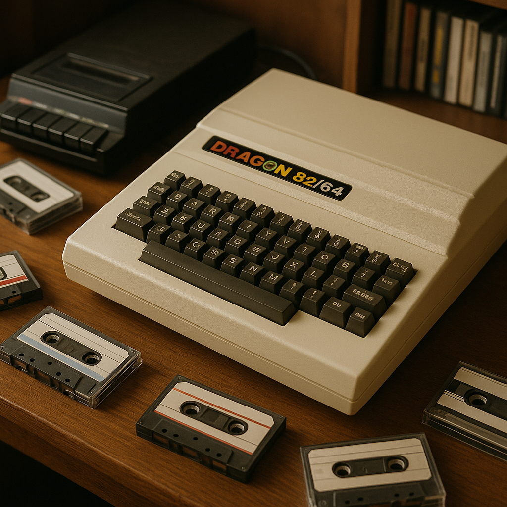 Dragon 32/64 Welsh microcomputer placed on a vintage desk with cassettes