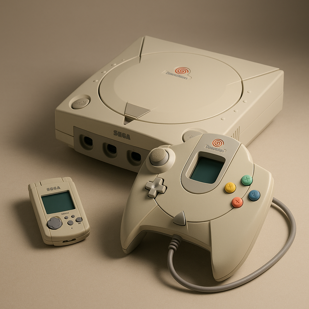 Perspective view of a Sega Dreamcast console with controller and VMU on a neutral background