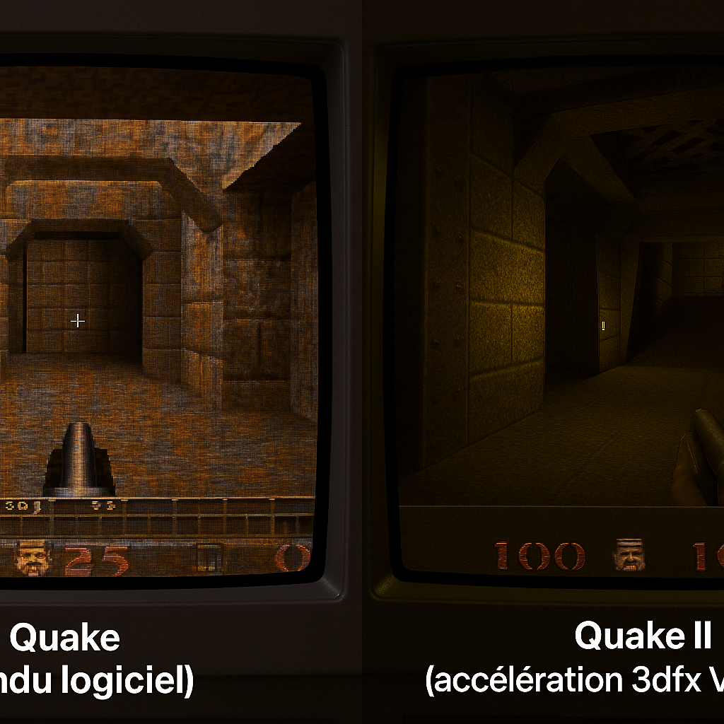 Evolution of 3D rendering: left, Quake software renderer - right, Quake II with 3dfx Voodoo acceleration