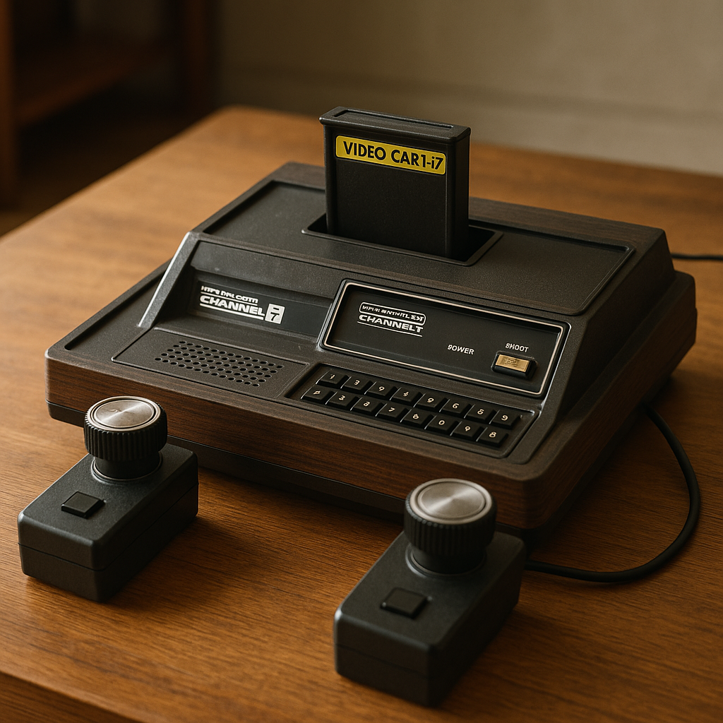 Photo of the Fairchild Channel F console from the 1970s with controllers and inserted cartridge