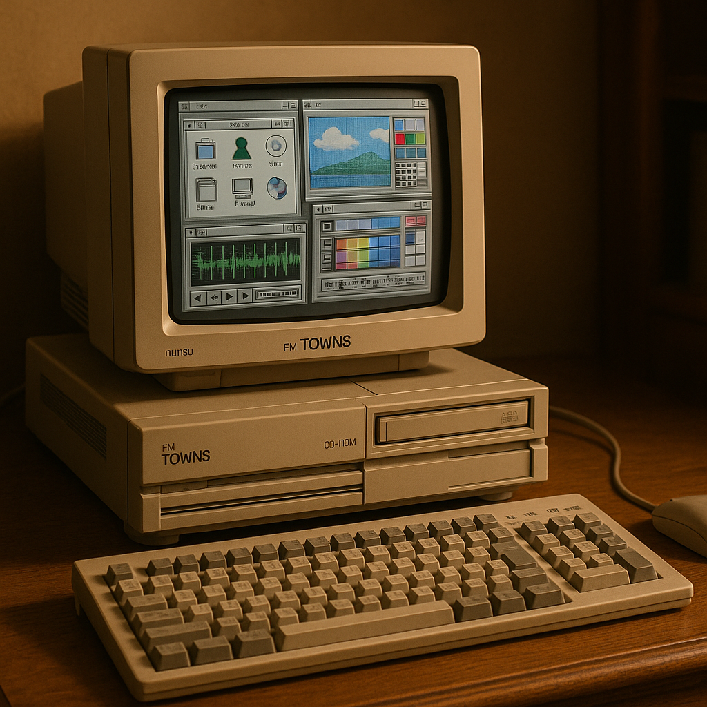 Fujitsu FM Towns placed on a vintage desk with its CD-ROM drive