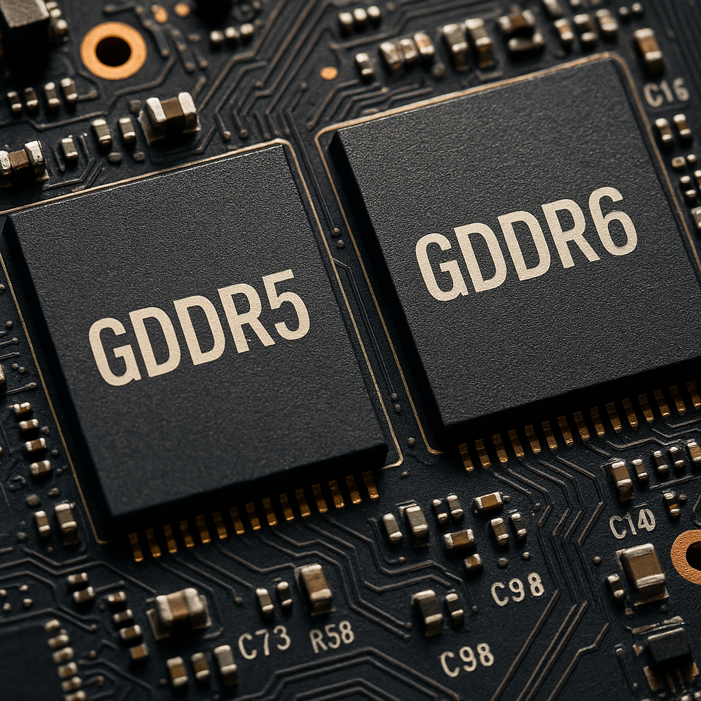 Comparison of GDDR5 and GDDR6 memory chips on a graphics card
