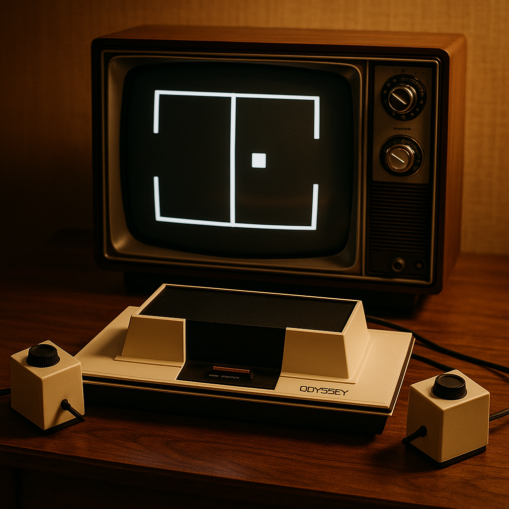 View of the 1972 Magnavox Odyssey console placed on a vintage table