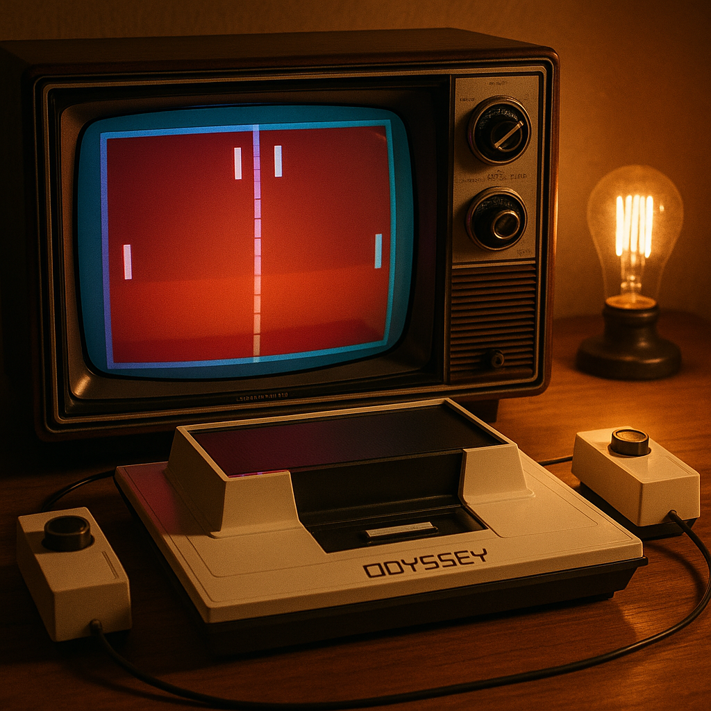 Magnavox Odyssey placed on a 1970s cathode ray tube television with its transparent graphic overlays