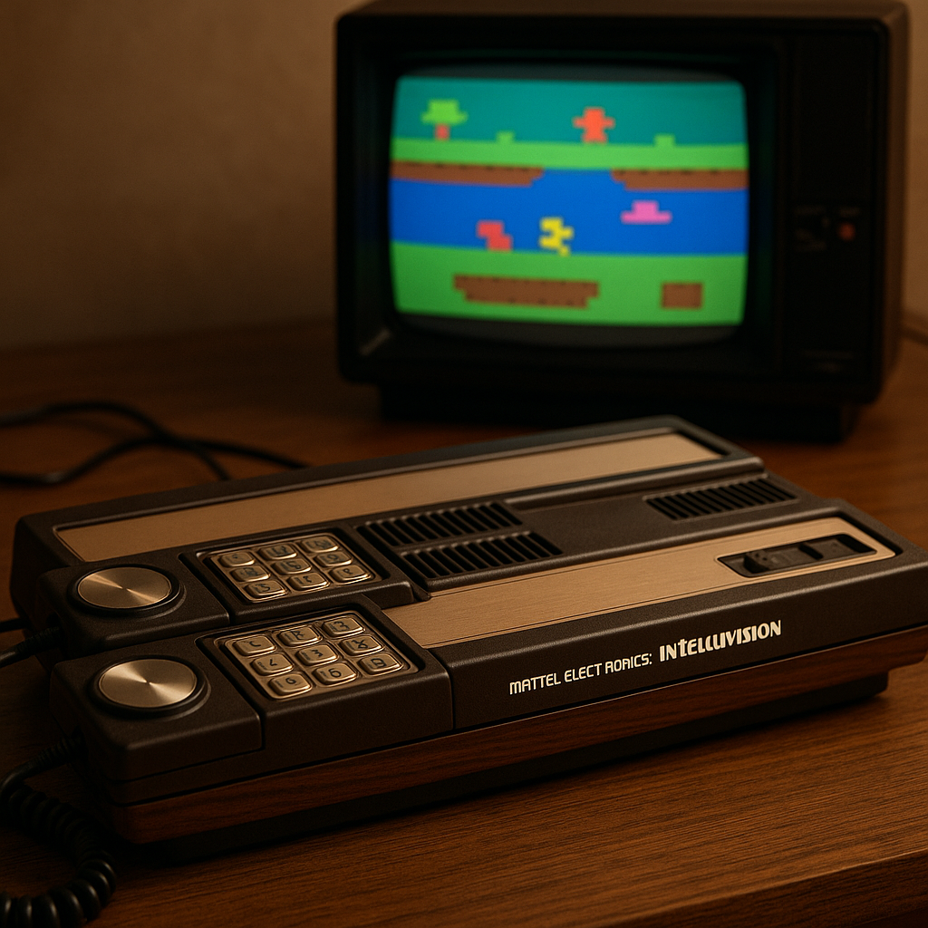 View of the Mattel Intellivision console displaying a colorful 1980s game