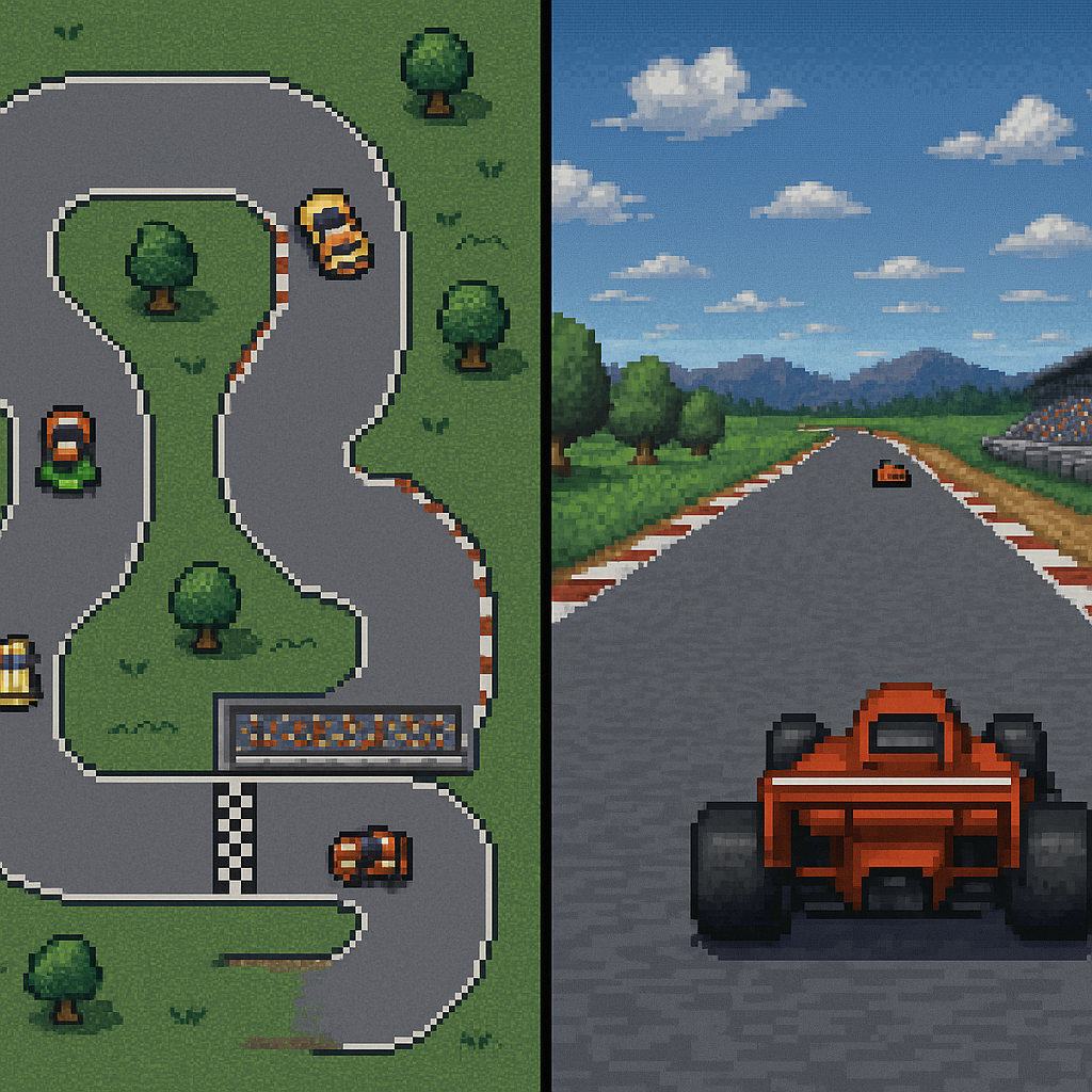 Before/after Mode 7 comparison: flat 2D track transformed into a perspective track with relief