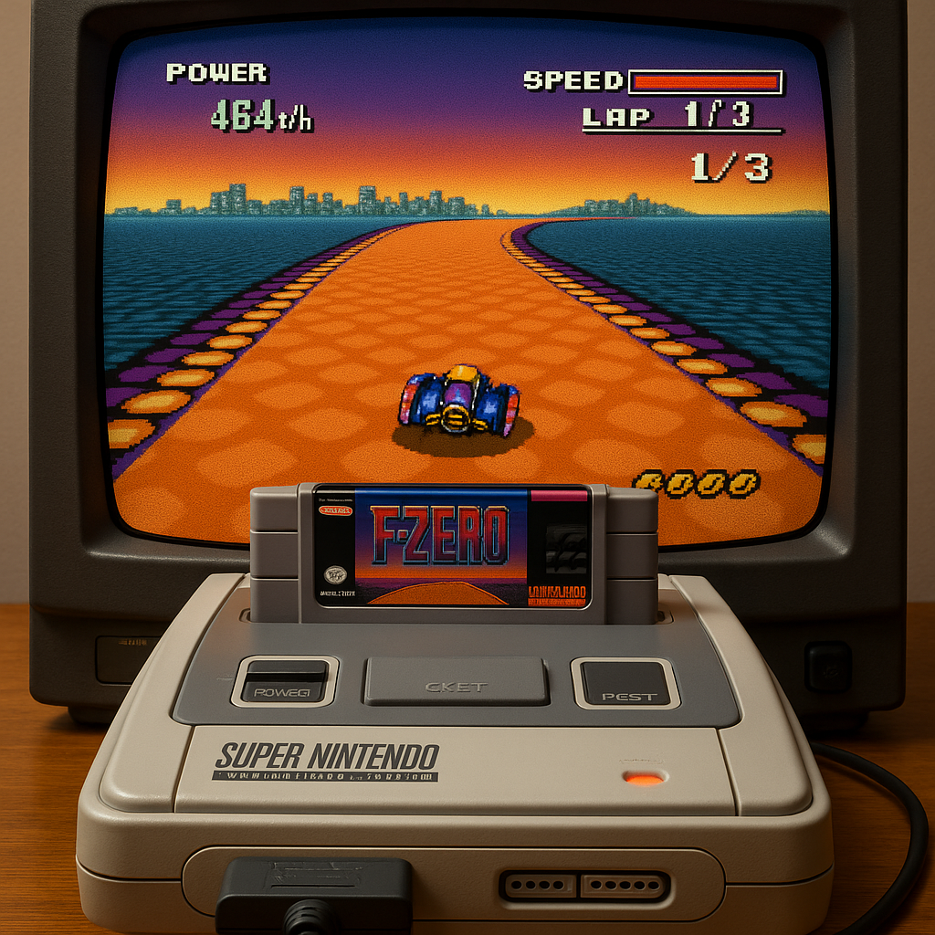 Mode 7 SNES screenshot illustrating an F-Zero track