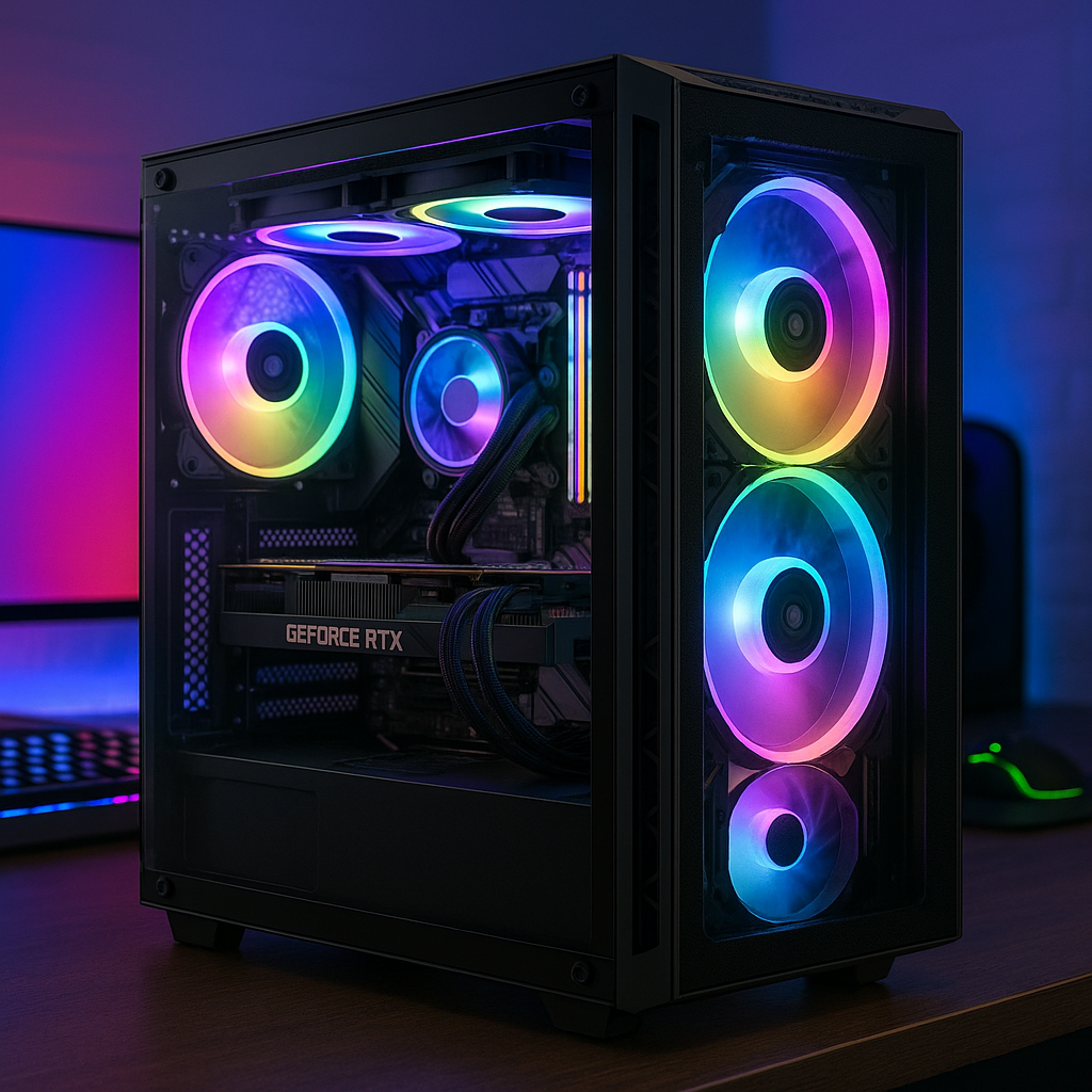 Modern gaming PC with RTX card and RGB lighting