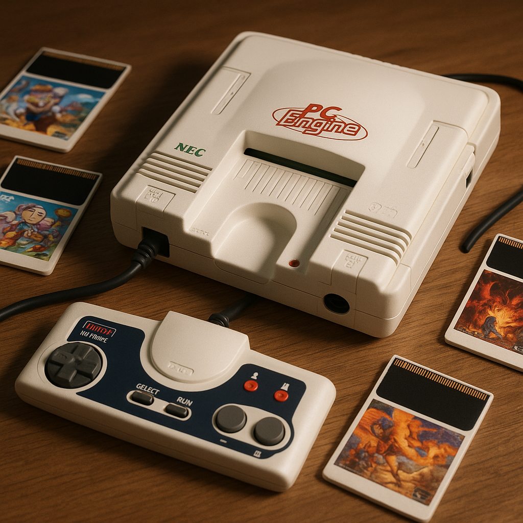 Console NEC PC-Engine pos&eacute;e sur une table, entour&eacute;e de manettes