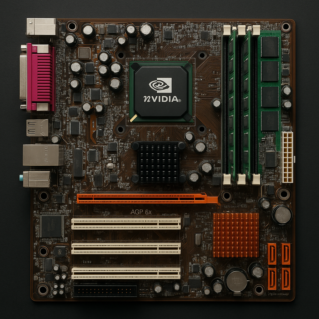 2000s gaming PC motherboard with NVIDIA chipset and AGP slot