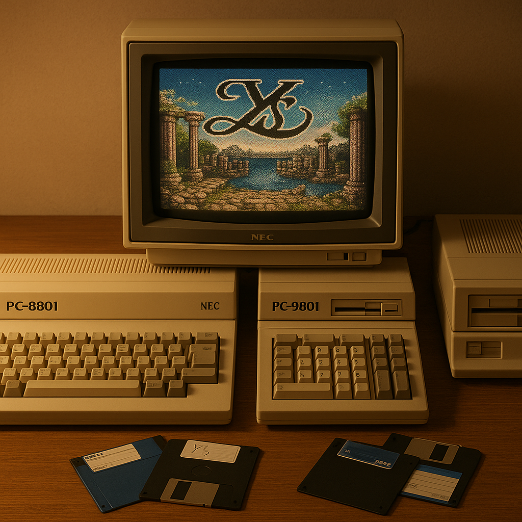 NEC PC-8801 and PC-9801 placed side by side in a retro environment