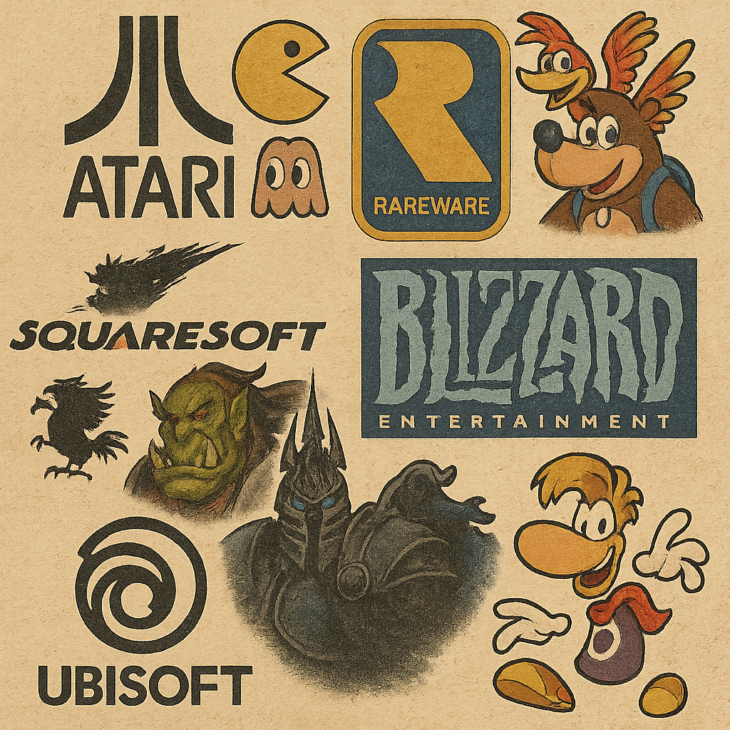Historic logos of Atari, Rareware, SquareSoft, Blizzard, and Ubisoft studios