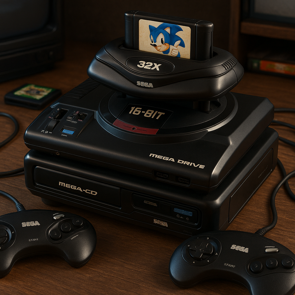 Sega Mega Drive avec Mega-CD et 32X connect&eacute;s sur un meuble vintage