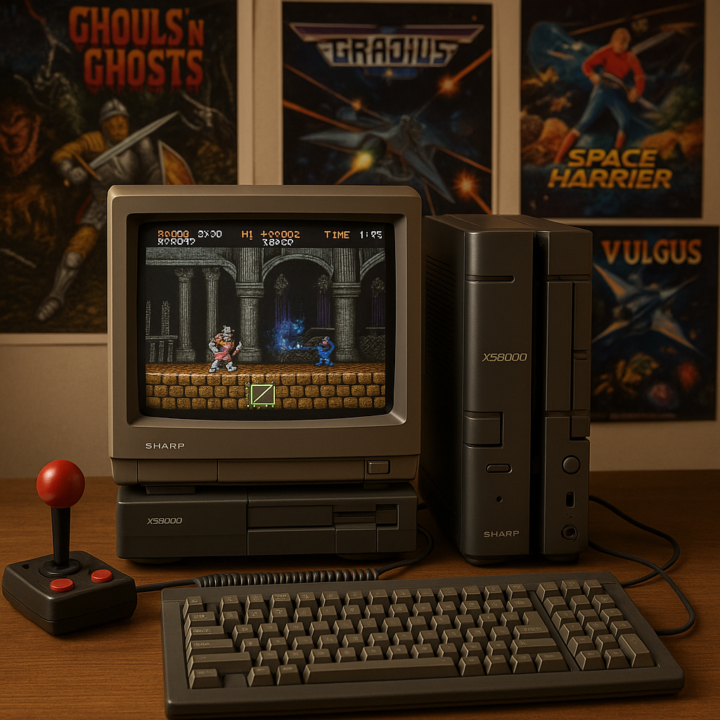 Sharp X68000 setup with monitor and joystick in a retro room
