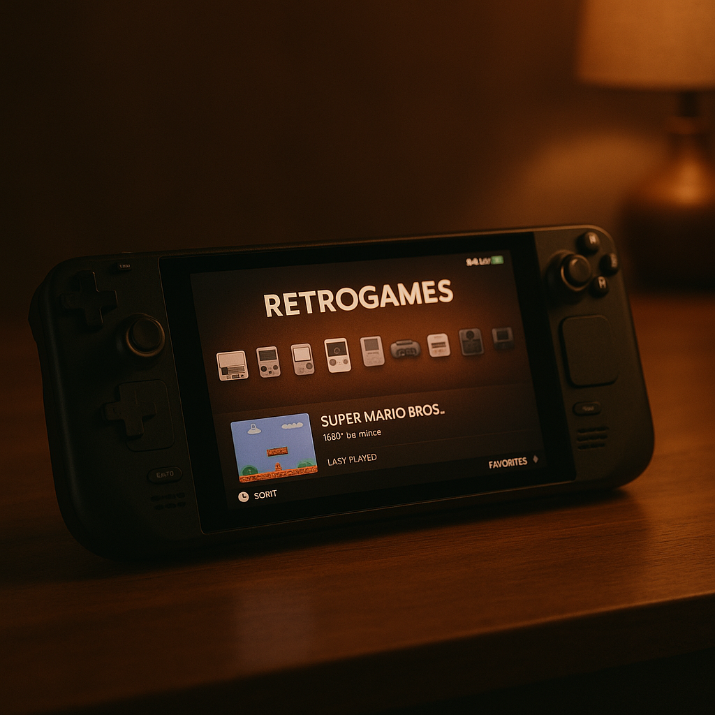 Steam Deck placed on a table with an emulation setup on screen