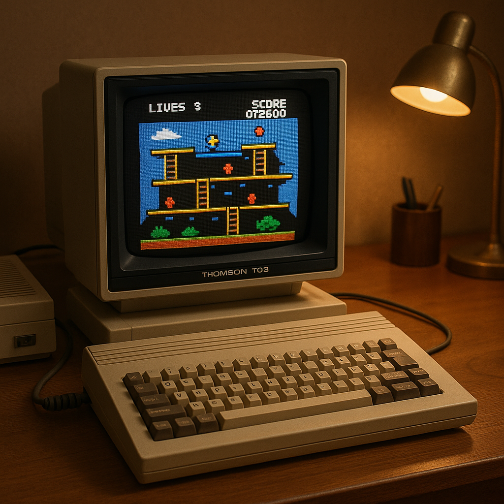 Ordinateur Thomson TO5 vintage avec clavier et &eacute;cran affichant un jeu