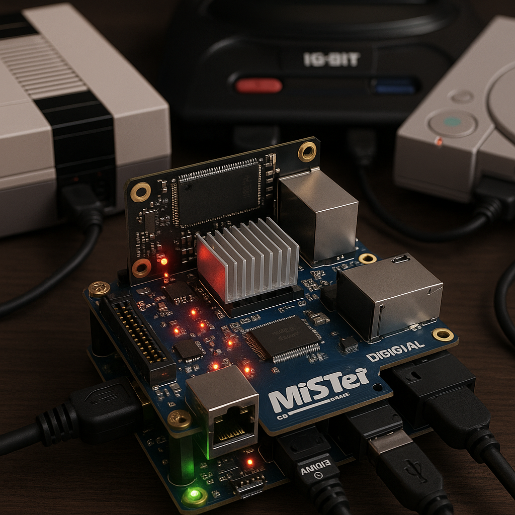 Mister FPGA board connected to retro consoles with indicator lights