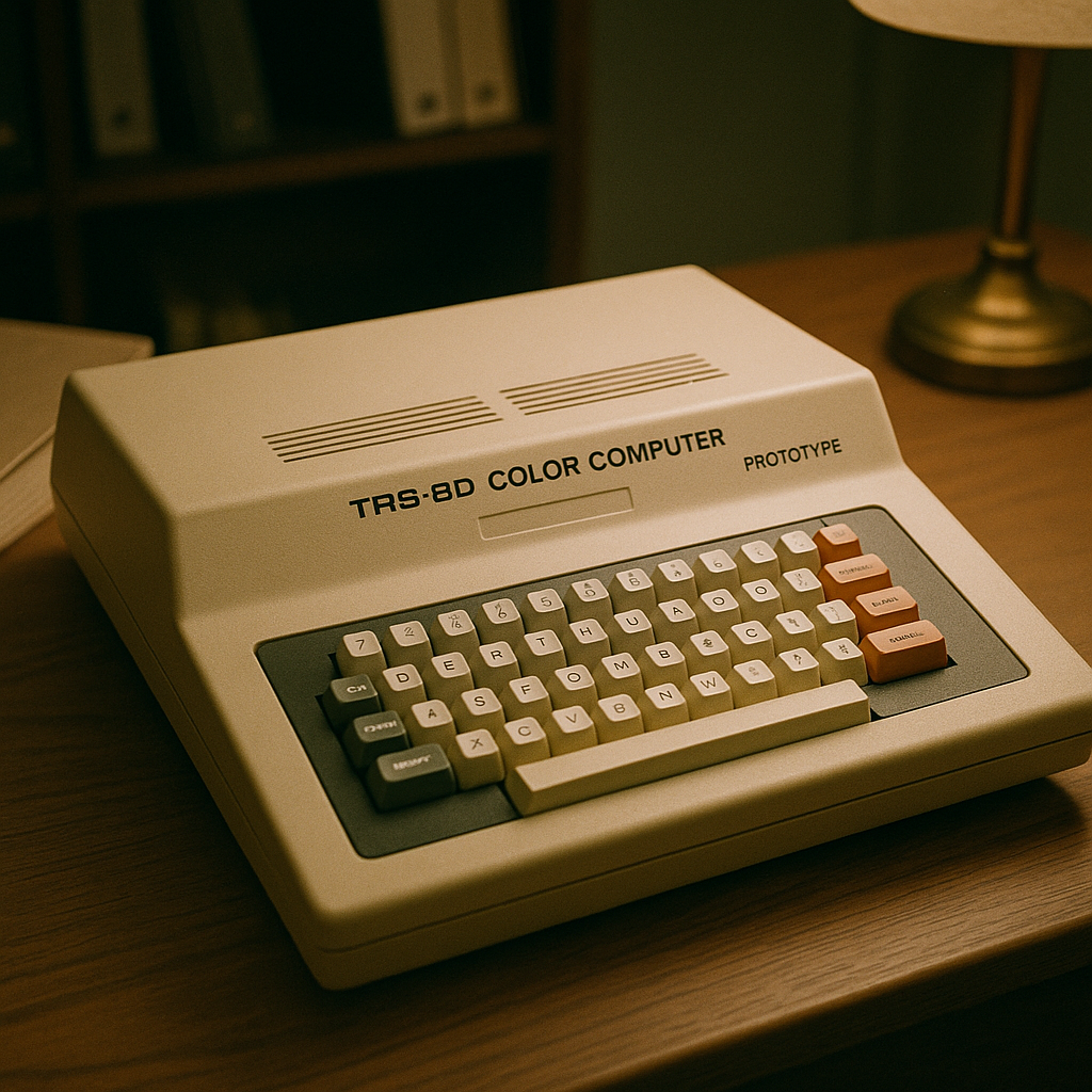 Photo of the initial model of the TRS-80 Color Computer placed on a vintage desk.