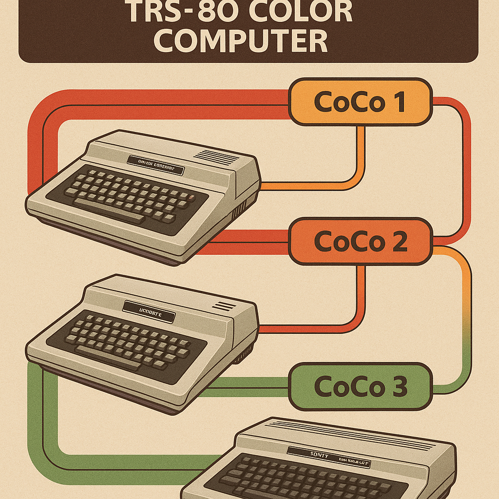 Diagram illustrating the evolution of the TRS-80 Color Computer models.