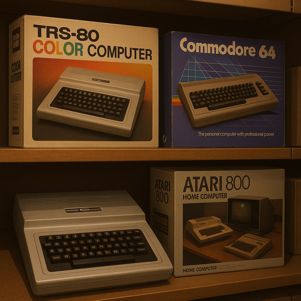 Staging of the TRS-80 Color Computer and its competitors in a 1980s store.