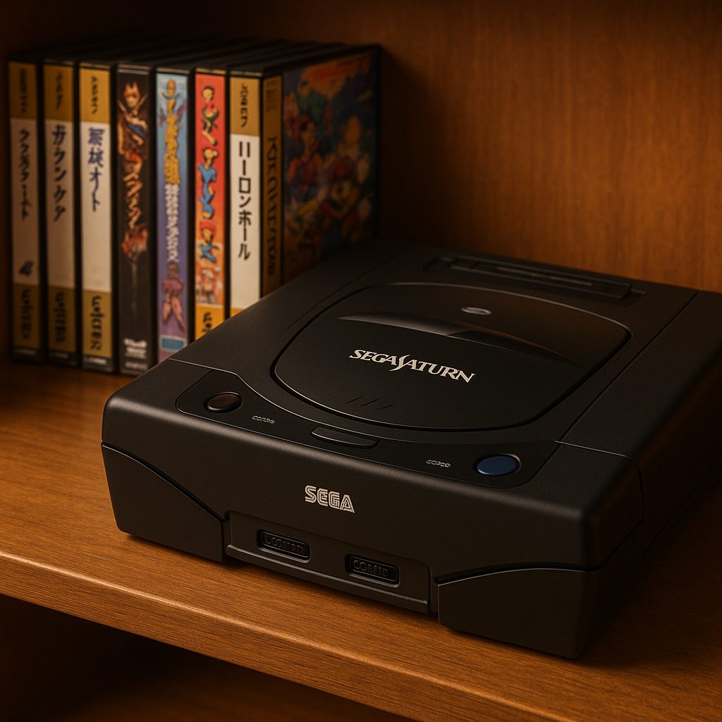 Sega Saturn console with Japanese game cases