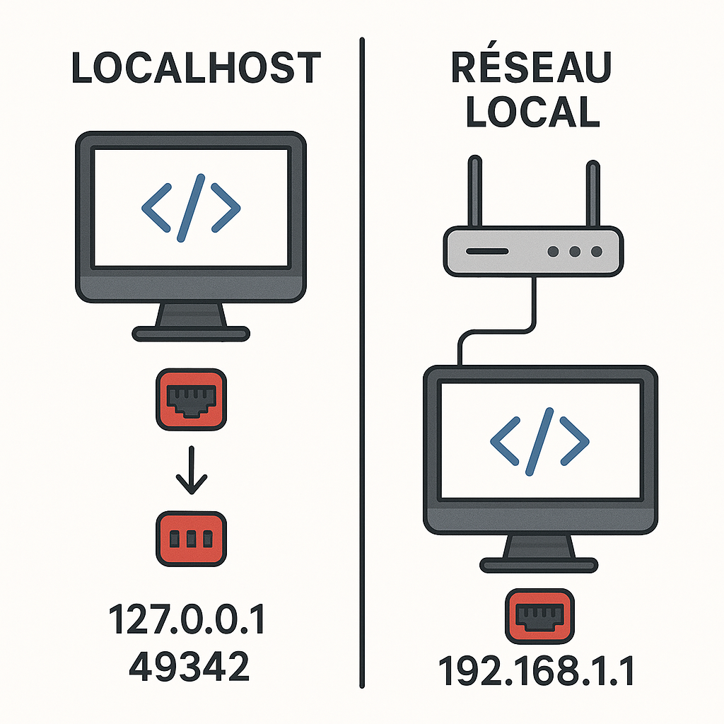 Comparative diagram between localhost and local network for web development