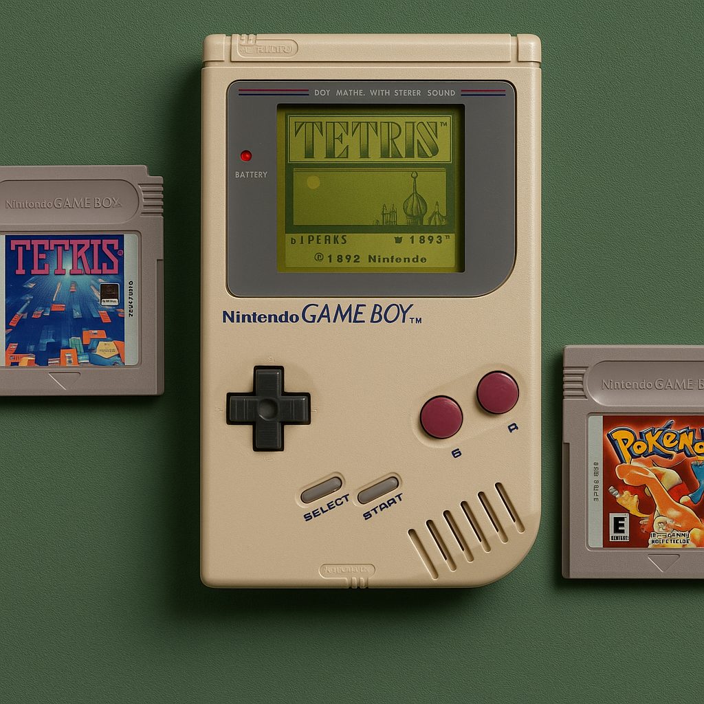 Game Boy originale (1989) avec les jeux Tetris et Pok&eacute;mon Rouge