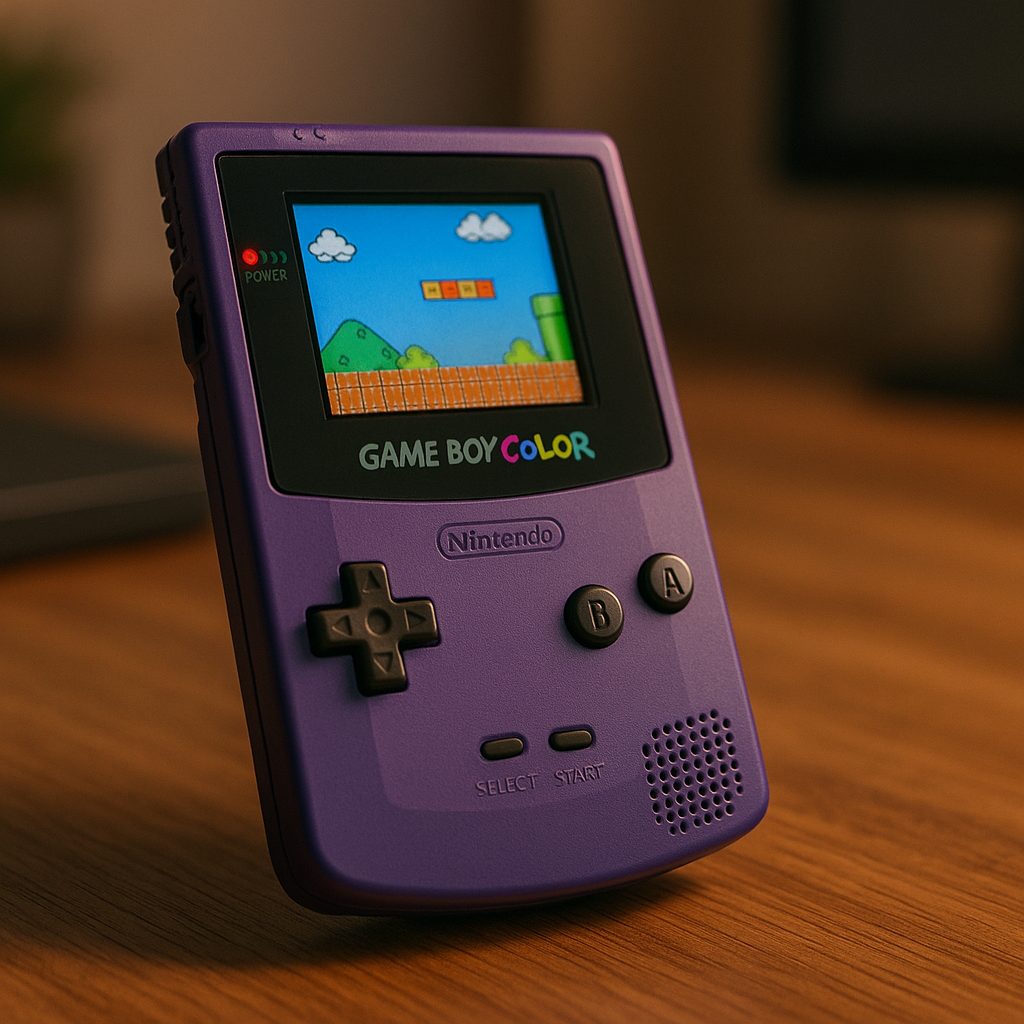 Photographie de la Game Boy Color &agrave; repose sur un bureau en bois