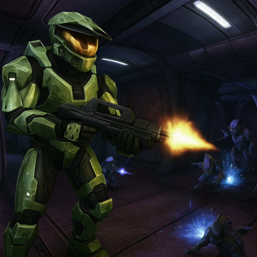 Capture d'&eacute;cran de Halo Combat Evolved montrant Master Chief en combat contre les Covenants
