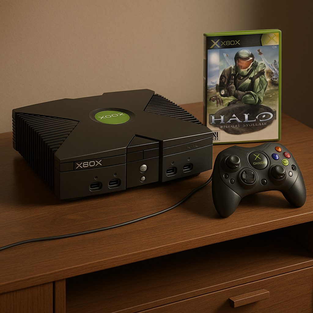 Console Xbox originale noire avec logo vert, pos&eacute;e sur un meuble TV r&eacute;tro aux c&ocirc;t&eacute;s de la manette Duke et d'une copie de Halo
