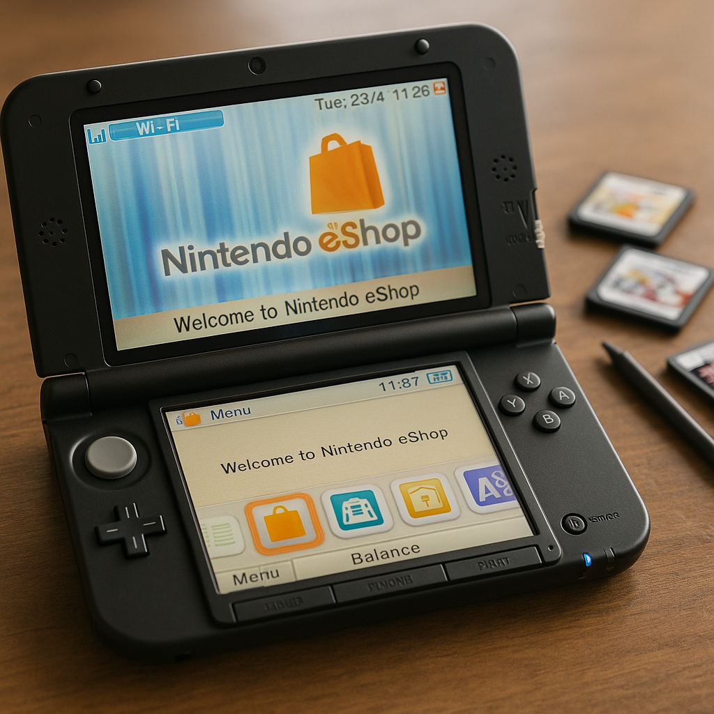Nintendo 3DS ouvert montrant l'&eacute;cran 3D sans lunettes et l'interface eShop
