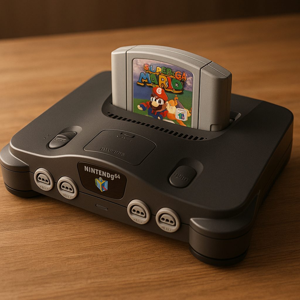 Console Nintendo 64 sur une table en bois avec cartouche ins&eacute;r&eacute;e