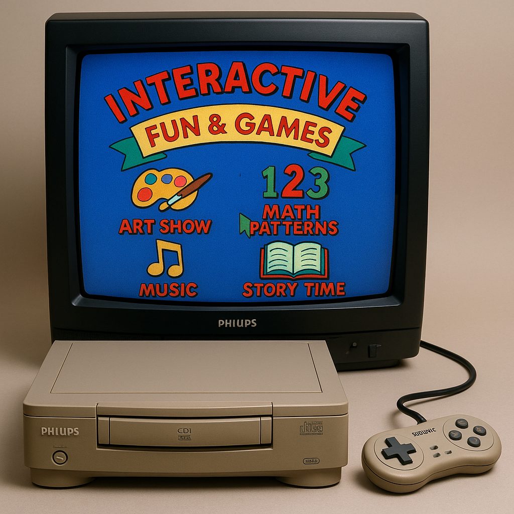 Console Philips CD-i beige avec manette et &eacute;cran affichant une interface interactive