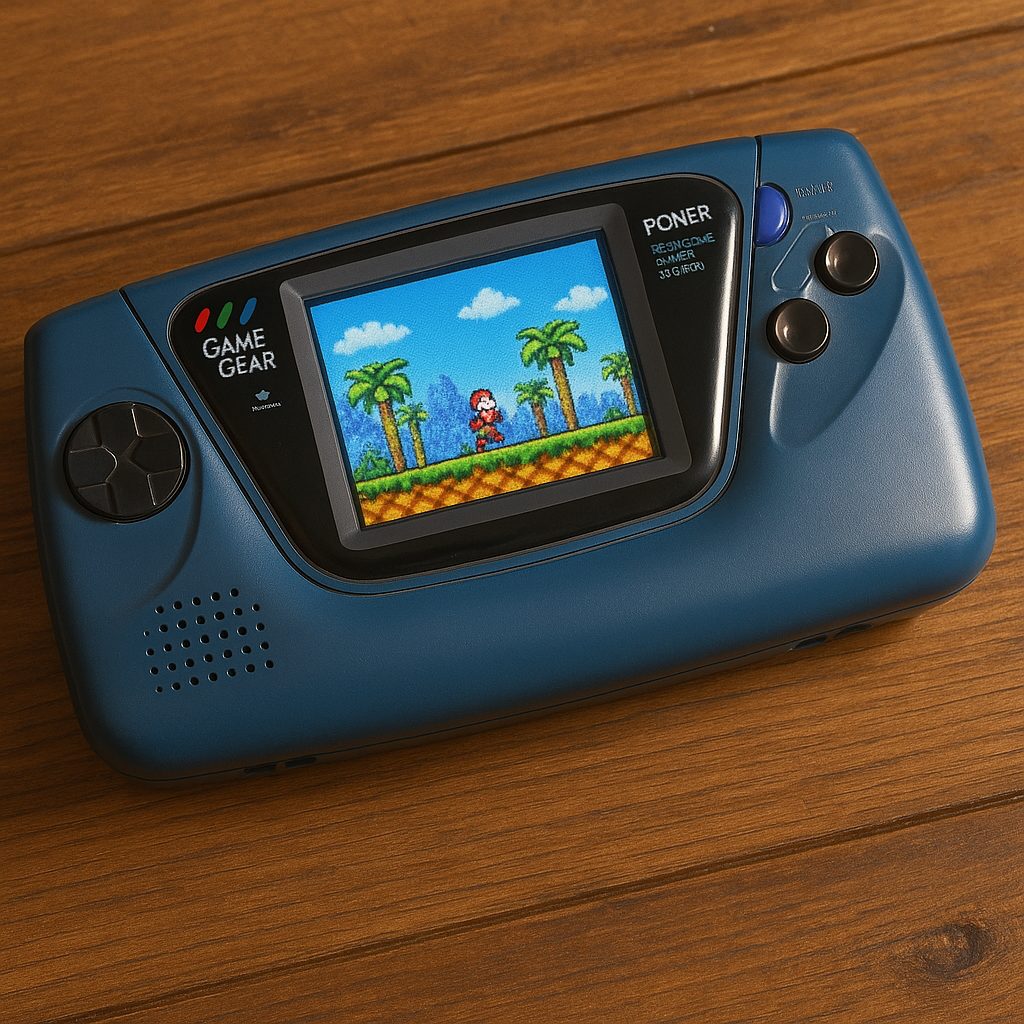 Sega Game Gear allum&eacute; montrant l&rsquo;&eacute;cran couleur et sa coque bleue